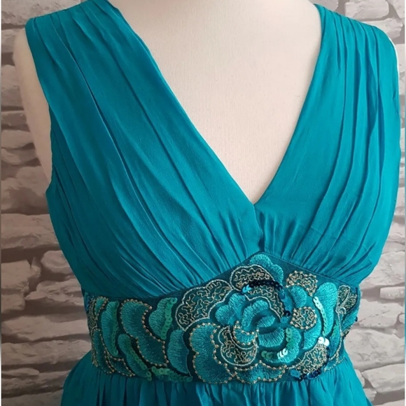 NEW MONSOON 100% Silk turquoise blue Puffball Dress Balloon Hem embellished 10uk - Picture 5 of 14